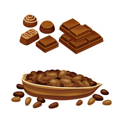 Cocoa products set. Cocoa beans chocolate candies vector illustration