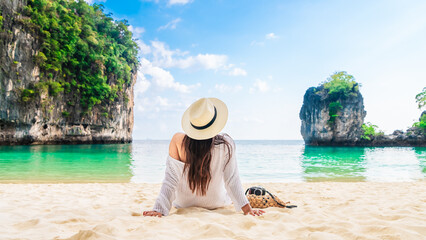Happy traveler woman relaxing on vacation beach joy nature view scenic landscape Hong island Krabi, Attraction famous place tourist travel Phuket Thailand summer holiday, Beautiful destination Asia