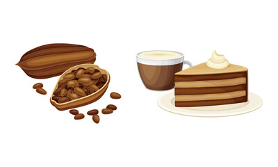 Cocoa products set. Dried beans, chocolate cake, cup of hot drink vector illustration