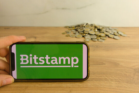 KONSKIE, POLAND - March 20, 2022: Bitstamp cryptocurrency exchange logo on mobile phone