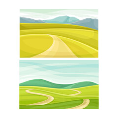 Summer landscape. Scenes of nature with green field and road vector illustration