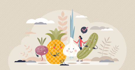 Healthy food products as happy vegetables with cute faces tiny person concept. Bio and ecological ingredients as good choice for daily meal vector illustration. Funny dieting scene with various fruits - obrazy, fototapety, plakaty
