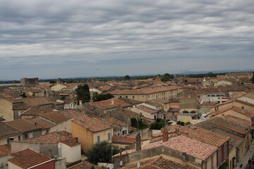 View over the roofs of the medieval walled town of Aigues-Mortes