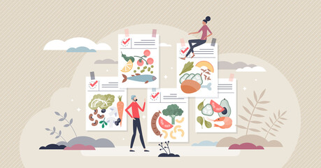 Diet plans and eating control with ingredients program tiny person concept. Dieting planning with nutrition schedule and preplanned regime list vector illustration. Healthy food and weight loss advice