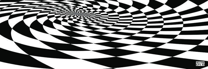 Abstract Black and White Pattern with Squares. Contrasty Optical Psychedelic Illusion. Smooth Checkered Spiral and Chessboard in Perspective. Vector. 3D Illustration