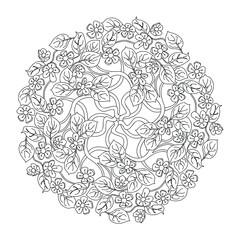 Coloring book floral mandala with cherry blossom. Hand drawn black and white vector illustration.