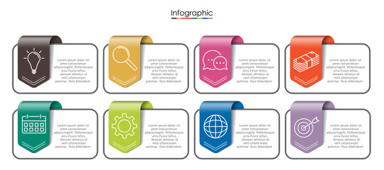 Vector infographic template with eight steps or options. Illustration presentation with line elements icons.  Business concept design can be used for web, brochure, diagram, chart or banner layout.