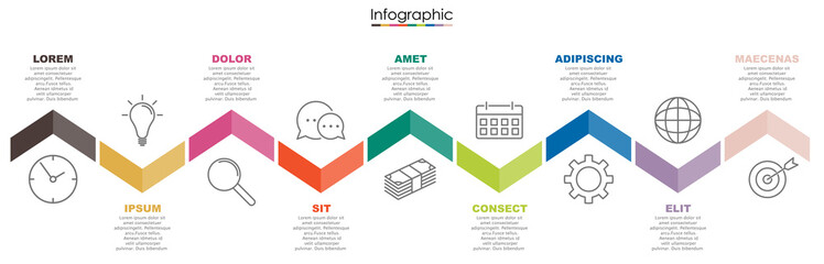 Vector infographic template with nine steps or options. Illustration presentation with line elements icons.  Business concept design can be used for web, brochure, diagram, chart or banner layout.