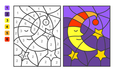 Color by numbersnight, moon and stars. Puzzle game for children education, colors for drawing and learning mathematics