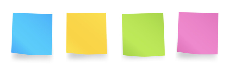 Sticky colored notes. Blank post for message, to do list, memory. Set different colored sheets of note paper. Post note paper with curled corners and shadows. Vector 