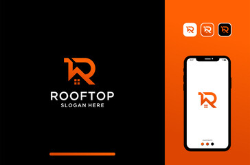 illustrations of letter or initial r logo design with house roof shape.