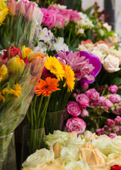 Obraz premium beautiful bright interior of a flower shop in Ukraine with bouquets collected by professional florists