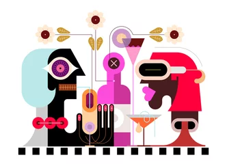 Deurstickers Gekleurd ontwerp geïsoleerd op een witte achtergrond Romantisch diner vectorillustratie. Twee mensen zitten tegenover elkaar op een romantische date en drinken cocktails. ©  danjazzia