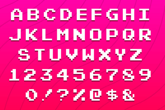 Set of vector letters in retro style. Game design. Font of old games. 8-bit  letters and numbers vector alphabet. Pixel video game font. 8-bit symbols.  letters and numbers. Old-school retro typeface. Stock