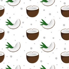 Seamless pattern coconut  with tropical green leaves Vector illustration isolated on white background