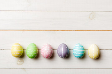 holiday preparation Multi colors Easter eggs on colored background . Pastel color Easter eggs. holiday concept with copy space