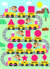 Adorable boy poster riding a train on shapes for children
