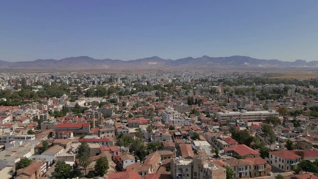 Aerial 4k Nicosia Old Town with Great Inn(Büyük Han), Selimiye Camii(Ayia Sophia Cathedral), Gambler's Inn(Kumarcılar Hanı), First Cypriot Council Houses(Samanbahçe Evleri) in North Cyprus