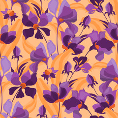 Fototapeta na wymiar Vector floral seamless pattern. Violet and lilac flowers isolated on an orange background.