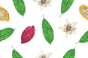 Tropical seamless pattern backgrounds from cocoa beans, cacao leaves and flowers. Wallpaper template design. Hand drawn vector illustration.