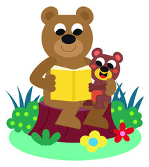 Adorable bear reads to his child in the woods