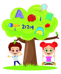 Naklejka premium Cute kids and school objects