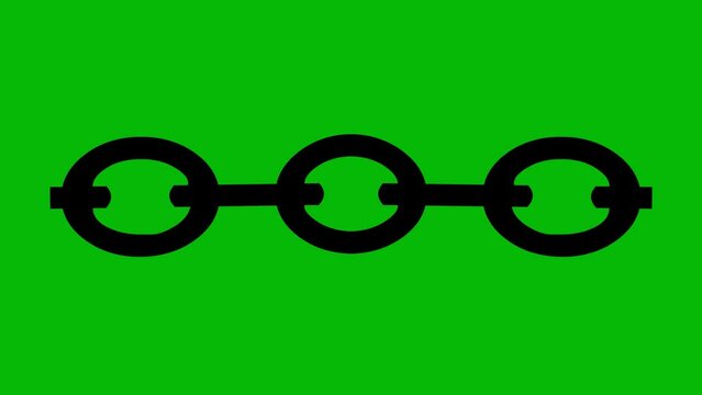Loop animation of the black silhouette of a chain breaking, on a green chroma key background