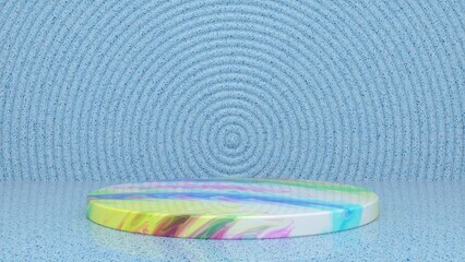 Colorful podium and abstract geometry background. Round podium, pedestal, platform for cosmetic product presentation, showcase. Minimalist mock up scene, concept template. 3d render