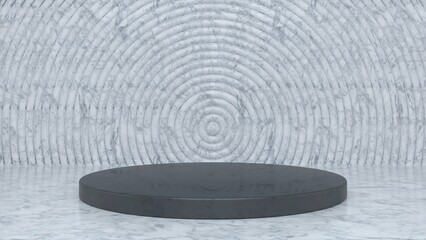 Fototapeta na wymiar Black glossy marble podium and minimal abstract geometry background. Round podium, pedestal, platform for cosmetic product presentation, showcase. Minimalist mock up scene, concept template. 3d render