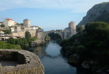 Fototapeta na wymiar Historical Stari Most Bridge area over the city of Mostar in Bosnia Herzegovina