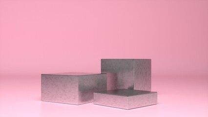 Three empty Chrome glossy stands and abstract Pink geometry background. Podium, pedestal, platform for cosmetic product presentation, showcase. Minimalist mock up scene, concept template. 3d render