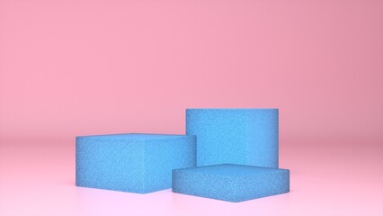 Three empty Glow blue stands and abstract Pink geometry background. Podium, pedestal, platform for cosmetic product presentation, showcase. Minimalist mock up scene, concept template. 3d render
