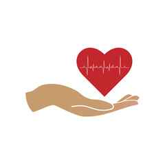 Image of a hand with a scarlet heart and a cardiogram on a white background.