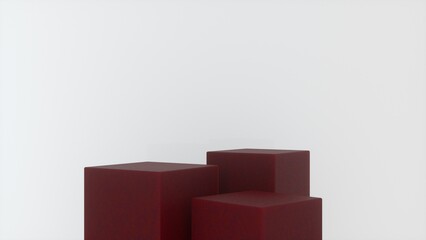 Three empty Red glossy stands and abstract white geometry background. Podium, pedestal, platform for cosmetic product presentation, showcase. Minimalist mock up scene, concept template. 3d render