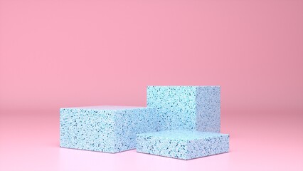 Three empty Marble Ceramic stands and abstract Pink geometry background. Podium, pedestal, platform for cosmetic product presentation, showcase. Minimalist mock up scene, concept template. 3d render