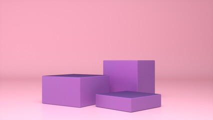 Three empty Purple glossy stands and abstract Pink geometry background. Podium, pedestal, platform for cosmetic product presentation, showcase. Minimalist mock up scene, concept template. 3d render