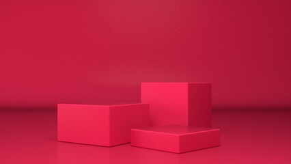 Three empty stands and abstract Red glossy geometry background. Podium, pedestal, platform for cosmetic product presentation, showcase. Minimalist mock up scene, concept template. 3d render