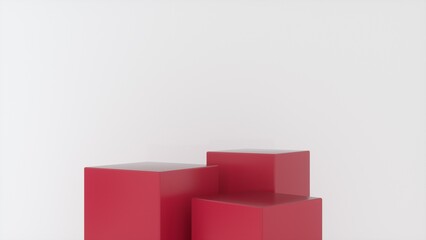 Obraz premium Three empty Red glossy stands and abstract white geometry background. Podium, pedestal, platform for cosmetic product presentation, showcase. Minimalist mock up scene, concept template. 3d render