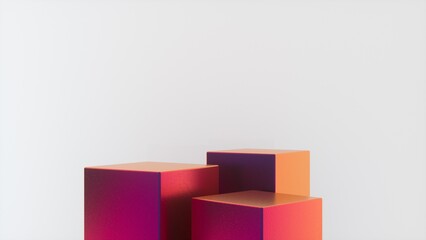 Three empty Colorful glossy stands and abstract white geometry background. Podium, pedestal, platform for cosmetic product presentation, showcase. Minimalist mock up scene, concept template. 3d render