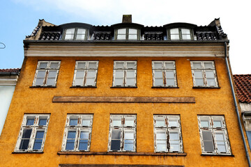 Nyhavn district in Copenhagen, Denmark. City center panoramic view of colorful houses. High quality photo