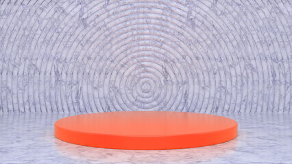 Orange Marble glossy podium and abstract geometry background. Round podium, pedestal, platform for cosmetic product presentation, showcase. Minimalist mock up scene, concept template. 3d render