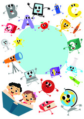 Obraz premium Cute kids and school objects flying with books