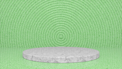 Fototapeta na wymiar Green Marble glossy podium and abstract geometry background. Round podium, pedestal, platform for cosmetic product presentation, showcase. Minimalist mock up scene, concept template. 3d render