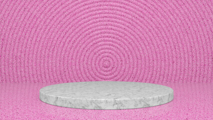 Fototapeta na wymiar Pink Marble glossy podium and abstract geometry background. Round podium, pedestal, platform for cosmetic product presentation, showcase. Minimalist mock up scene, concept template. 3d render