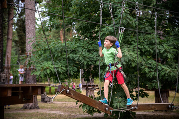 Strong excited young boy playing outdoors in rope park. Caucasian child dressed in casual clothes and sneakers at warm sunny day. Active leisure time with children concept