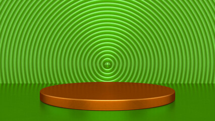 Obraz premium Chrome glossy Green Orange podium and abstract geometry background. Round podium, pedestal, platform for cosmetic product presentation, showcase. Minimalist mock up scene, concept template. 3d render