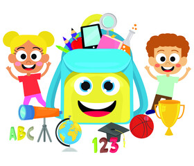 Cute kids, school bag and school objects
