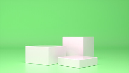 Three empty White glossy stands and abstract Green geometry background. Podium, pedestal, platform for cosmetic product presentation, showcase. Minimalist mock up scene, concept template. 3d render