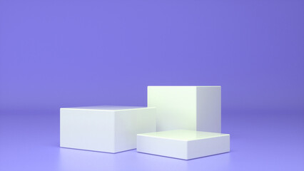 Three empty White glossy stands and abstract Purple geometry background. Podium, pedestal, platform for cosmetic product presentation, showcase. Minimalist mock up scene, concept template. 3d render
