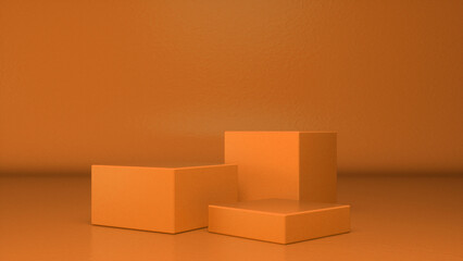 Three empty Orange glossy stands and abstract geometry background. Podium, pedestal, platform for cosmetic product presentation, showcase. Minimalist mock up scene, concept template. 3d render